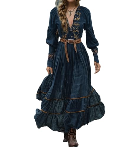 XUSAI Blau,S,Damen Vintage Western Maxikleid Herbst lässig locker langärmlig V-Ausschnitt Country fließendes Kleid Blumen langes Kleid von XUSAI