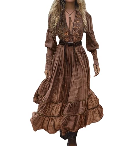 XUSAI Braun,M,Damen Vintage Western Maxikleid Herbst lässig locker langärmlig V-Ausschnitt Country fließendes Kleid Blumen langes Kleid von XUSAI