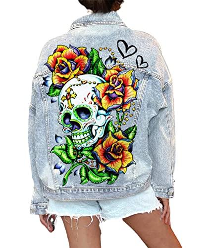 XUSAI Damen-Jeansjacken mit Totenkopf-Print, langärmlig, Distressed Washed Plus Size Jeansjacken-Oberbekleidung,B,XXL XUSAI Damen-Jeansjacken mit Totenkopf-Print, langärmlig, Distressed Washed Plus Size Jeansjacken-Oberbekleidung,B,XXL von XUSAI