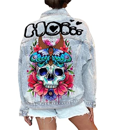 XUSAI Damen-Jeansjacken mit Totenkopf-Print, langärmlig, Distressed Washed Plus Size Jeansjacken-Oberbekleidung,D,M von XUSAI