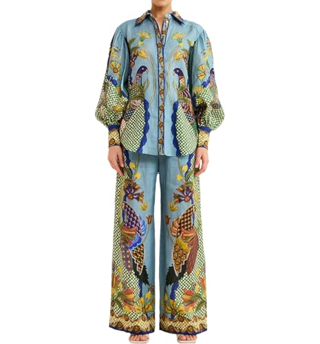 XUSAI Damen-Lounge-Set aus Leinen, Pyjama-Set, Puff-Langarmshirt und Hose mit weitem Bein, 2-teiliges Outfit-Set, lässige, lockere Loungewear,Blau,S von XUSAI