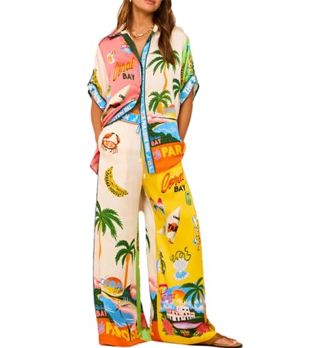 XUSAI Damen-Pyjama-Set, Lounge-Set, kurzärmeliges Hawaii-Hemd und Hose mit weitem Bein, 2-teilige Outfits, lässige, lockere Loungewear,Gelb,M von XUSAI