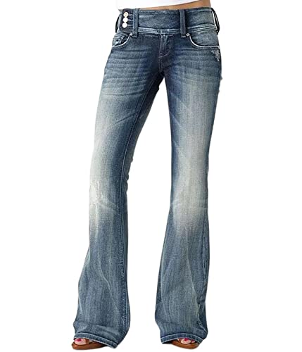 XUSAI Damen Vintage Distressed Bootcut Jeans Mid Rise Stretch Slim Wide Leg Denim Hose,Dark Blue,S von XUSAI
