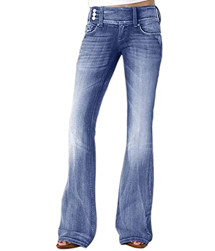 XUSAI Damen Vintage Distressed Bootcut Jeans Mid Rise Stretch Slim Wide Leg Denim Hose,Light Blue,S von XUSAI