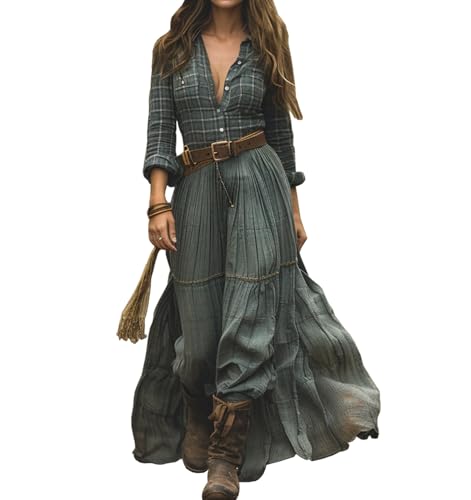XUSAI Grün,L,Maxi-Karohemdkleid Für Damen 70Er Vintage Langarm V-Ausschnitt Western Country Langes Kleid Lässiges Herbstkleid Mit Spleiß von XUSAI