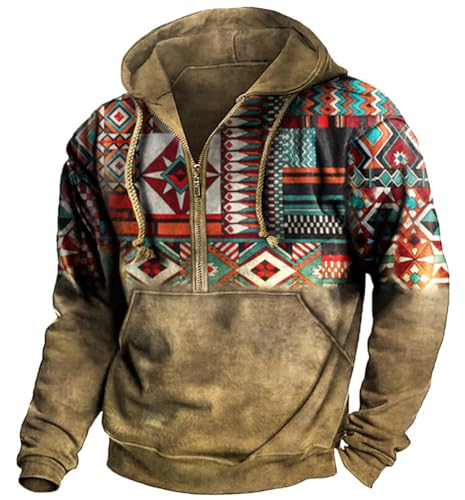 XUSAI Herren Vintage Aztec Country Hoodie Kordelzug Langarm Reißverschluss Western Cowboy Pullover Sweatshirt Top,Braun,XL von XUSAI