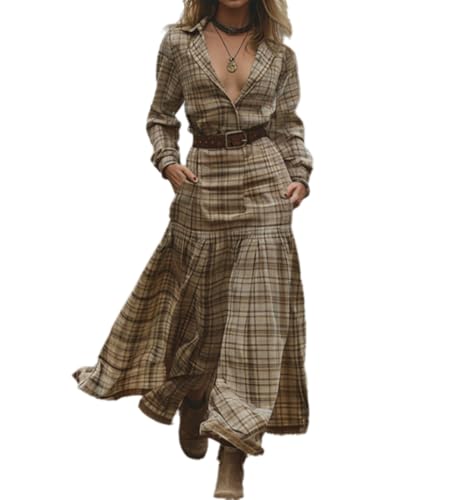 XUSAI Khaki,M,Langes Kariertes Damenkleid Langarm V-Ausschnitt Vintage Country Herbstkleid Western Cowgirl Maxikleid von XUSAI