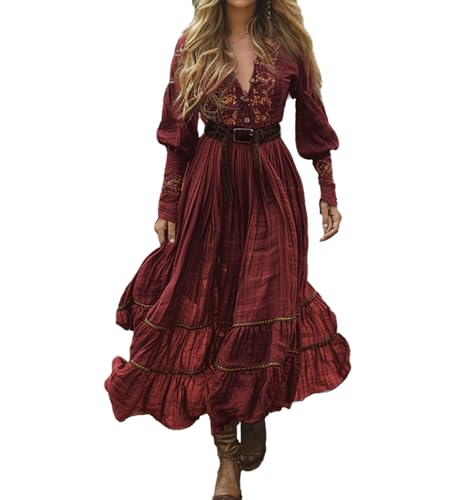 XUSAI Rot,L,Damen Vintage Western Maxikleid Herbst lässig locker langärmlig V-Ausschnitt Country fließendes Kleid Blumen langes Kleid von XUSAI