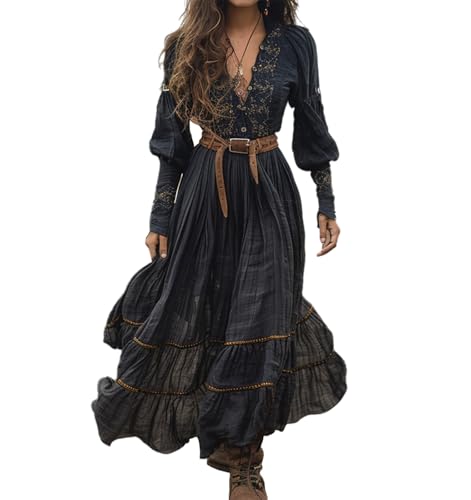 XUSAI Schwarz,XXL,Damen Vintage Western Maxikleid Herbst lässig locker langärmlig V-Ausschnitt Country fließendes Kleid Blumen langes Kleid von XUSAI