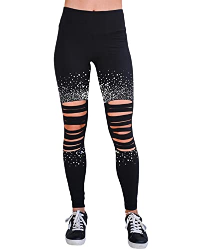 XUSAI Schwarze, zerrissene Leggings für Damen, dünne Stretch-Bling-Strass-Trainingsleggings mit hoher Taille, Bauchkontrolle, Yogahose,Schwarz,M von XUSAI