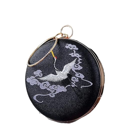 XUWEWI Stickerei Abendtasche Damen-Abendtasche mit Retro-Kranich-Stickerei, runde Handtasche, Bankett-Umhängetasche for Damen, Abendessen, runde Geldbörse, Clutches(Black) von XUWEWI
