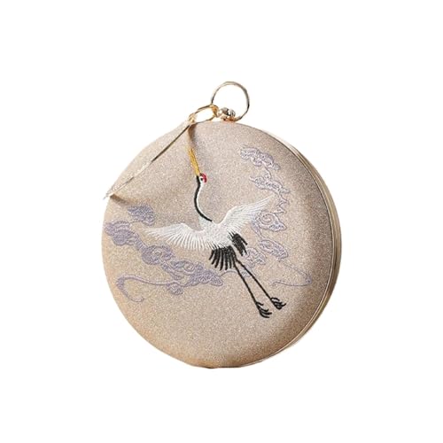 XUWEWI Stickerei Abendtasche Damen-Abendtasche mit Retro-Kranich-Stickerei, runde Handtasche, Bankett-Umhängetasche for Damen, Abendessen, runde Geldbörse, Clutches(Gold) von XUWEWI
