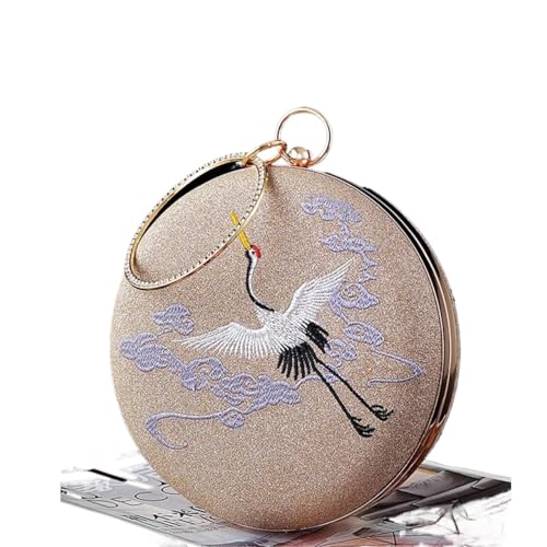 XUWEWI Stickerei Abendtasche Damen-Abendtasche mit Retro-Kranich-Stickerei, runde Handtasche, Bankett-Umhängetasche for Damen, Abendessen, runde Geldbörse, Clutches(Gold) von XUWEWI