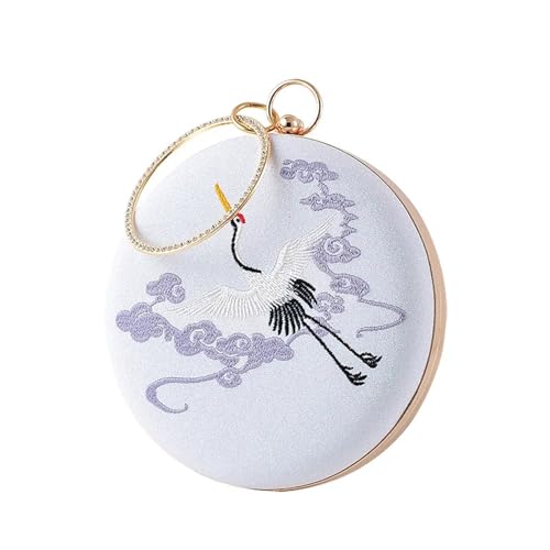 XUWEWI Stickerei Abendtasche Damen-Abendtasche mit Retro-Kranich-Stickerei, runde Handtasche, Bankett-Umhängetasche for Damen, Abendessen, runde Geldbörse, Clutches(WHITE) von XUWEWI