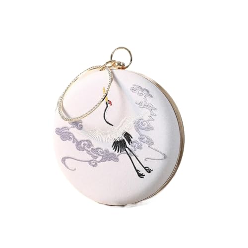 XUWEWI Stickerei Abendtasche Damen-Abendtasche mit Retro-Kranich-Stickerei, runde Handtasche, Bankett-Umhängetasche for Damen, Abendessen, runde Geldbörse, Clutches(White) von XUWEWI