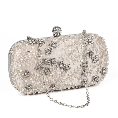 XUWEWI Stickerei Abendtasche Damen-Clutch, Kristall-Perlen-Clutch, Geldbörse, Luxus-Handtasche, Stickerei, Abendtasche, Hochzeitstasche for Braut, Umhängetasche(ApricotA silver frame) von XUWEWI