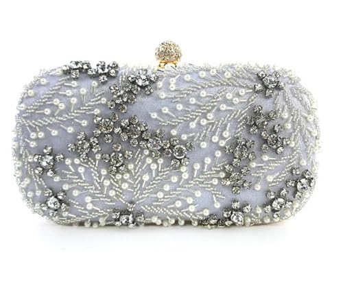 XUWEWI Stickerei Abendtasche Damen-Clutch, Kristall-Perlen-Clutch, Geldbörse, Luxus-Handtasche, Stickerei, Abendtasche, Hochzeitstasche for Braut, Umhängetasche(SilverB Gold frame) von XUWEWI