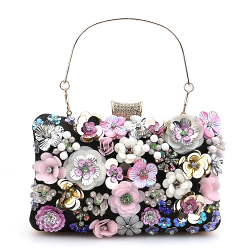 XUWEWI Stickerei Abendtasche Frauen Taschen Blume Diamanten Stickerei Kleine Kupplung Dame Handtaschen Abend Taschen Ankunft Kette Schulter Geldbörse(Black2) von XUWEWI