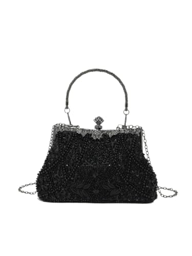 XUWEWI Stickerei Abendtasche Handgefertigte Abendtasche im Vintage-Trend mit Stickerei aus der Schwerindustrie mit Blumenperlen for Party und Hochzeit(Black) von XUWEWI
