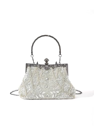XUWEWI Stickerei Abendtasche Handgefertigte Abendtasche im Vintage-Trend mit Stickerei aus der Schwerindustrie mit Blumenperlen for Party und Hochzeit(White) von XUWEWI