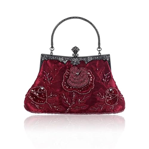 XUWEWI Stickerei Abendtasche Perlenstickerei Damen Abendtasche Diamanten Muschel Dame Kleine Tageskupplungen Party Abendessen Tasche Hochzeit Braut Perle Handtaschen Geldbörse(Burgundy) von XUWEWI