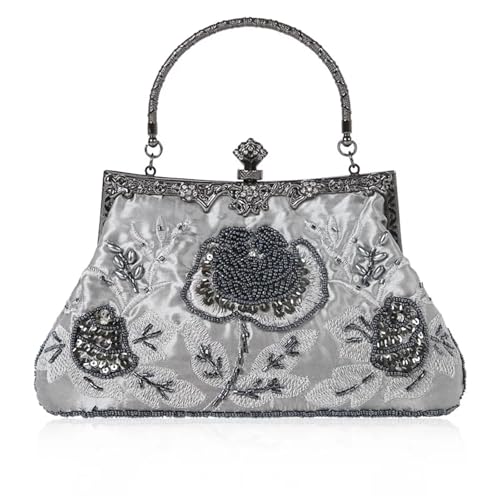XUWEWI Stickerei Abendtasche Perlenstickerei Damen Abendtasche Diamanten Muschel Dame Kleine Tageskupplungen Party Abendessen Tasche Hochzeit Braut Perle Handtaschen Geldbörse(GRAY) von XUWEWI
