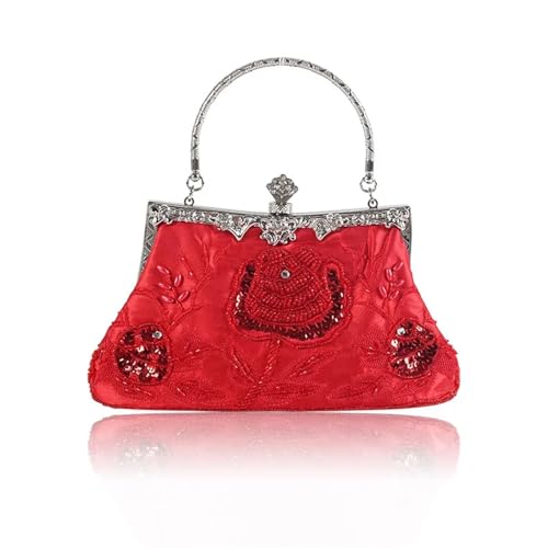 XUWEWI Stickerei Abendtasche Perlenstickerei Damen Abendtasche Diamanten Muschel Dame Kleine Tageskupplungen Party Abendessen Tasche Hochzeit Braut Perle Handtaschen Geldbörse(Red) von XUWEWI