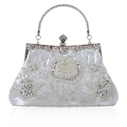 XUWEWI Stickerei Abendtasche Perlenstickerei Damen Abendtasche Diamanten Muschel Dame Kleine Tageskupplungen Party Abendessen Tasche Hochzeit Braut Perle Handtaschen Geldbörse(Silver) von XUWEWI