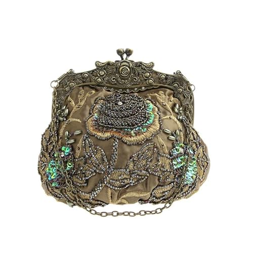 XUWEWI Stickerei Abendtasche Retro-Stickerei-Designer-Taschen, luxuriöse Geldbörsen und Handtaschen, Perlentasche, Pailletten-Clutch-Geldbörse, Ketten-Schulter-Abendtasche(Dark green) von XUWEWI