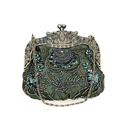 XUWEWI Stickerei Abendtasche Retro-Stickerei-Designer-Taschen, luxuriöse Geldbörsen und Handtaschen, Perlentasche, Pailletten-Clutch-Geldbörse, Ketten-Schulter-Abendtasche(Green) von XUWEWI