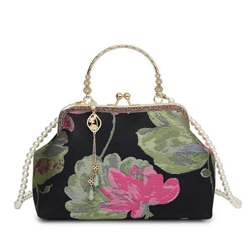 XUWEWI Stickerei Abendtasche Stickerei Abendtasche Umhängetasche Designer Kleine Handtasche Dame Perlen Abend Party Dame Schultertaschen(Black) von XUWEWI