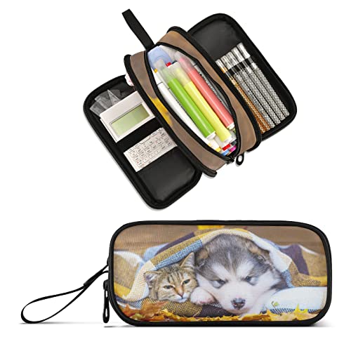 XUWU Federmäppchen mit niedlichem sibirischem Husky, großes Fassungsvermögen, 3 Fächer, Stiftebox, Make-up-Tasche, Organizer, Schreibwarentasche für Schule, Teenager, Mädchen, Jungen, Männer, Frauen von XUWU