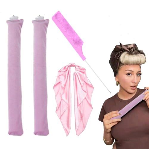 2 Stück/3 Stück hitzefreier Lockenwickler Satin Heatless Curls Overnight Blowout Rods mit quadratischem Handtuch und spitzem Schwanzkamm, elastische Locken über Nacht für langes Haar, kurzes Haar von XUXN