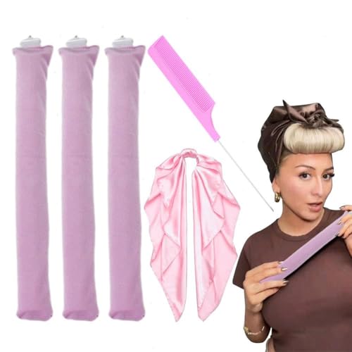 2 Stück/3 Stück hitzefreier Lockenwickler Satin Heatless Curls Overnight Blowout Rods mit quadratischem Handtuch und spitzem Schwanzkamm, elastische Locken über Nacht für langes Haar, kurzes Haar von XUXN