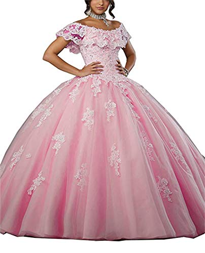 XUYUDITA Damen Schulterfrei Spitze Applique Sweet 16 Prom Ballkleider Quinceanera Kleid Rosa-38 von XUYUDITA