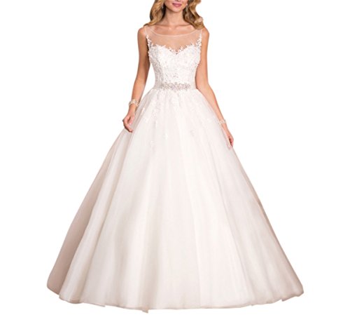 XUYUDITA Elegantes Rundhalsausschnitt-Ballkleid der Frauen A-Line Hochzeits-Kleid-Spitze-wulstiges Brautkleid Wei?-48 Plus von XUYUDITA