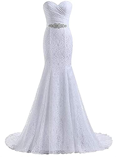 XUYUDITA Frauen Perlen Falten Spitze Brautkleid Meerjungfrau Brautkleid mit Sch?rpe White-UK14 von XUYUDITA