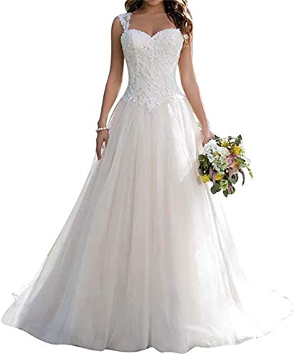 XUYUDITA Langes Hochzeitskleid Spitze Brautkleid A Linie Sweetheart Tüll Hochzeitskleid, weiß, 46 von XUYUDITA