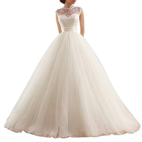 XUYUDITA Perfekte Hochzeitskleider Vintage High Neck Appliques A Line Brautkleider Wei?-38 von XUYUDITA