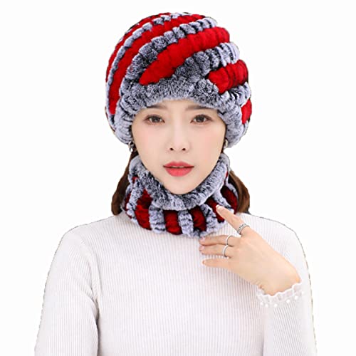 XUYUZUAU 2PCs Mütze + Kreisschal Frauen Damen Echtes Rex-Kaninchenfell Hüte Strickmützen Caps Halstuch Nackenwärmer Winter Warmen von XUYUZUAU