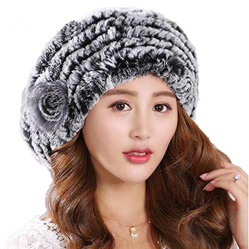 XUYUZUAU Frauen Winter Baskenmützen Barette Echtes Rex-Kaninchenfell Hüte Strickmützen Caps Mütze von XUYUZUAU