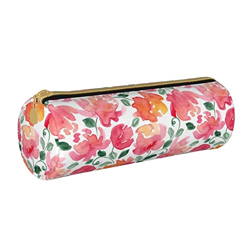 XUZHANG Rosa Aquarell-Blumenmuster, Federmäppchen Zylindrisches Stiftetui Tragbare Leder-Bleistifttasche mit Reißverschluss-Kosmetiktasche von XUZHANG