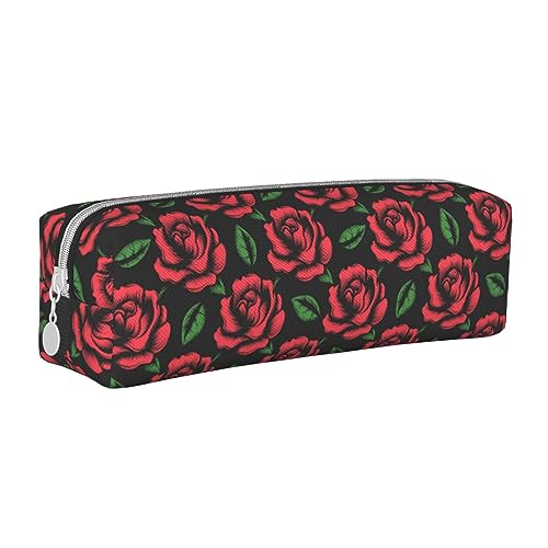 XUZHANG Rotes Rosenblumenmuster, Federmäppchen, tragbares Federmäppchen aus Leder mit Reißverschluss, Kosmetiktasche von XUZHANG