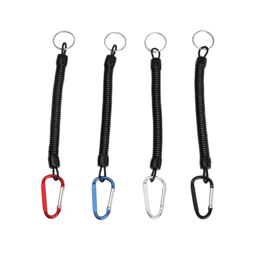 XUZOPIM 4 Stück Spiral Cable Fishing Lanyard Elastic Spiral Key Chain Carabiner Lanyard Anti-Lost Spiral Safety Rope With Carabiner For Fishing, Kayak, Camping, Stretchy Key Chain, Black von XUZOPIM