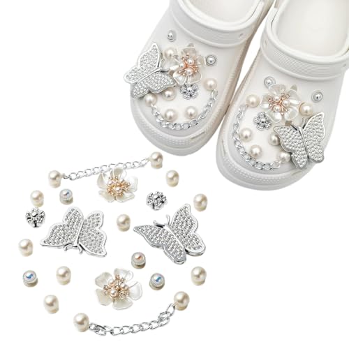 20 Stück silberner Schmetterlings-Schuhschmuck mit fünf Perlenblättern, Schuhschmuck mit Perlen, Do-it-yourself-Schuhschmuck, Damen-Schuhschmuck 20 Stück silberner Schmetterlings-Schuhschmuck mit fünf Perlenblättern, Schuhschmuck mit Perlen, Do-it-yourself-Schuhschmuck, Damen-Schuhschmuck von XUZWECP