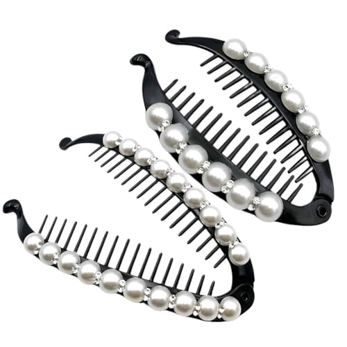 2er-Pack mit Perlen besetzte Bananenklammer, Perlenfischklammer, Bananenperlen-Fischkamm, breiter gedrehter Kamm, lange Haarspangen, Damen und Mädchen (mittel + groß) von XUZWECP