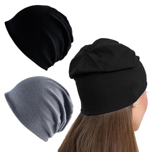 2er-Pack weicher Baumwollhut mit breiter Krempe, dünn und atmungsaktiv, lange Krempe, multifunktionale leichte Laufmütze, Chemotherapie-Mütze, Beanie-Mütze, Unisex (Schwarz + Grau) von XUZWECP