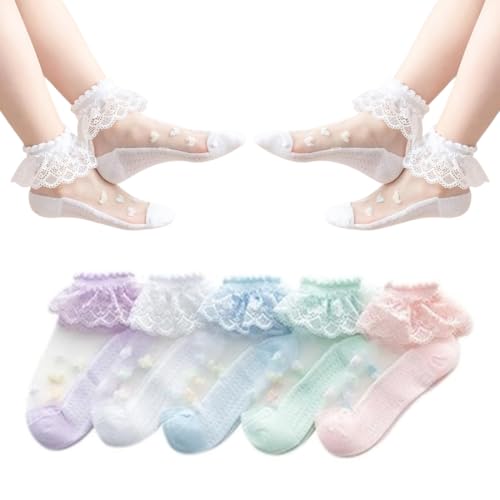 5 Paar Sommer Spitze Ruffle Socken Kinder Schule Knöchel Socken, Transparente Socken, Sommer Spitze Ruffle Dünne Socken von XUZWECP