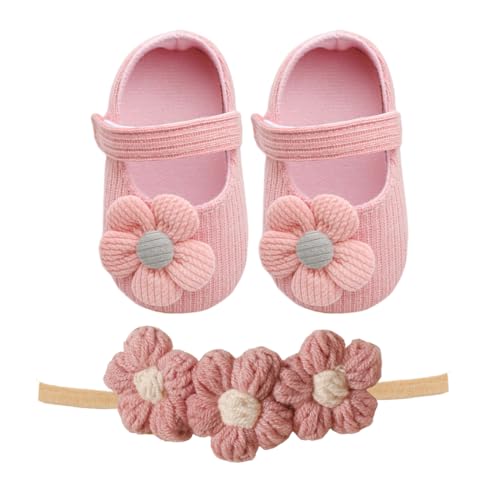 Baby Mädchen Blumen Prinzessin Schuhe,2 Pcs Kleinkind Schuhe+ Stirnband,Neugeborenes Blumen Mary Jane Flats Lauflernschuhe,Baby Mädchen Blumen Schuh Anti-Rutsch-Weiche Besondere Anlässe von XUZWECP