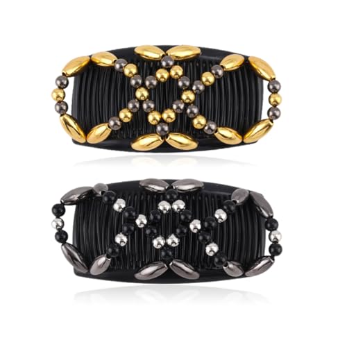Retro zweireihiger Perlen-Haarkamm,haarkamm elastisch perlen,haarspange dehnbar,2 Stücke Perlen Haarkämme Magie Elastische, Kamm Doppel Clips für Damen Mädchen Haarschmuck(Gun Black + Gold) von XUZWECP